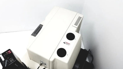 White rectangular thermo nicolet continuum infrared microscope with black circular ports and ventilation grilles back view