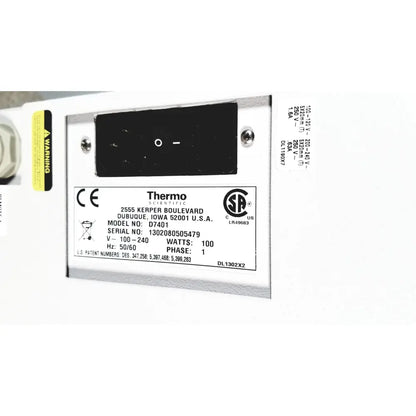 White rectangular label with black text showing model number d7401 and serial number on thermo scientific easypure ii d7401 lab grade system