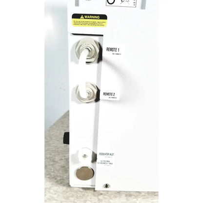 White thermo scientific easypure ii d7401 industrial control panel with labeled remote ports and feedwater inlet fittings