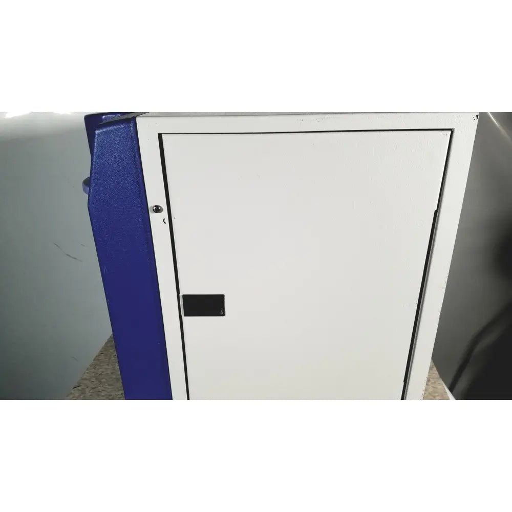 White metal cabinet with blue side panel and black handle of thermo scientific easypure ii d7401 lab grade water filter system