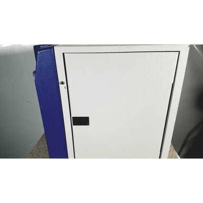 White metal cabinet with blue side panel and black handle of thermo scientific easypure ii d7401 lab grade water filter system