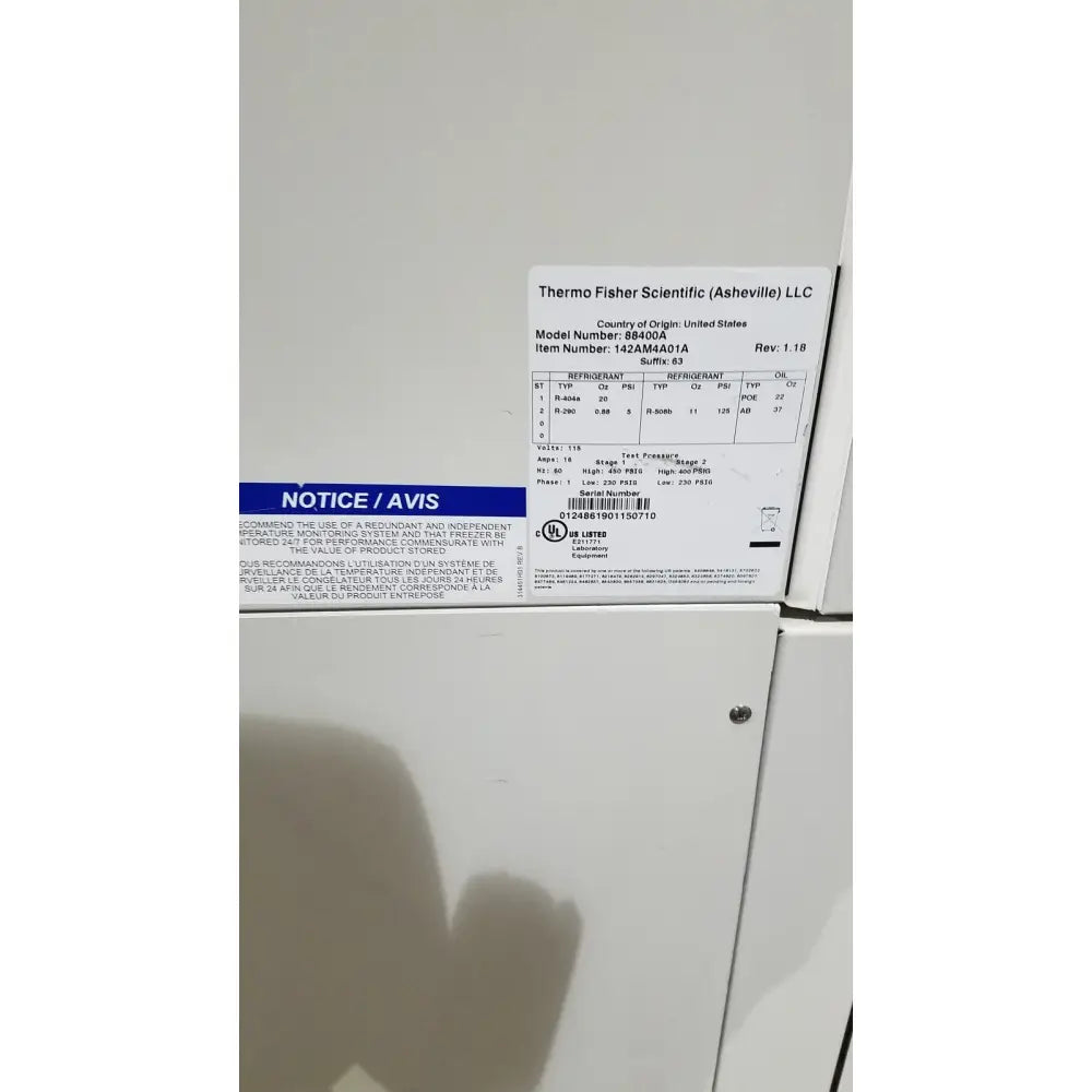 White thermo scientific forma 88000 series ultra low temperature freezer with label showing model and item numbers