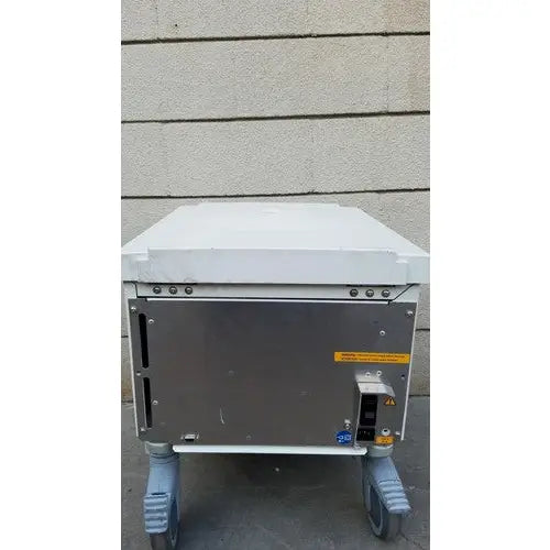 White industrial-grade thermo scientific heraeus megafuge 16 centrifuge server cabinet with stainless steel back panel on caster wheels