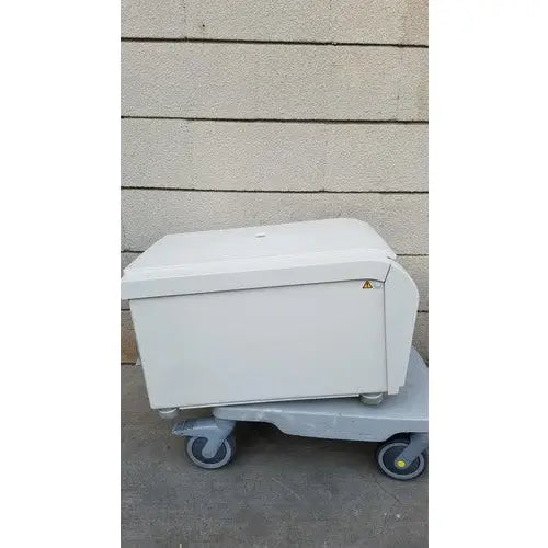 White plastic utility cart with gray wheels and yellow warning label for thermo scientific heraeus megafuge 16 centrifuge