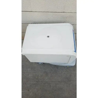 Thermo scientific heraeus megafuge 16 centrifuge is a white plastic medical centrifuge with blue accents and circular top opening