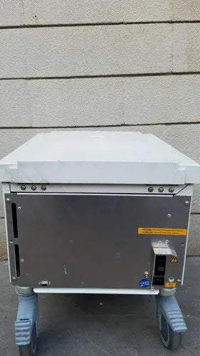 White industrial-grade thermo scientific heraeus megafuge 16 centrifuge server cabinet with stainless steel back panel on caster wheels