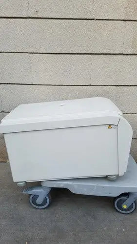 White plastic utility cart with gray wheels and yellow warning label for thermo scientific heraeus megafuge 16 centrifuge
