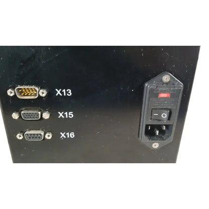 Rear panel of black thermo scientific microm hm 340e device featuring three labeled d-sub connectors and a power switch with red indicator light