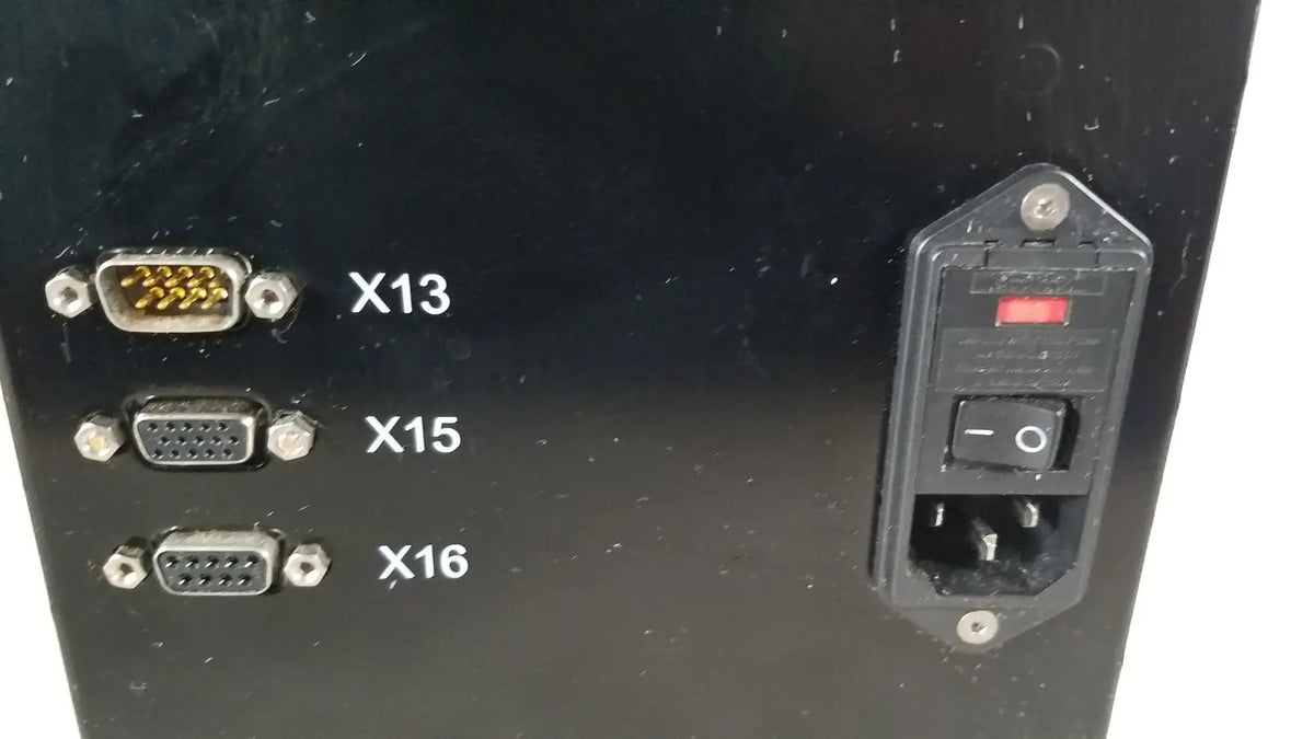 Rear panel of black thermo scientific microm hm 340e device featuring three labeled d-sub connectors and a power switch with red indicator light