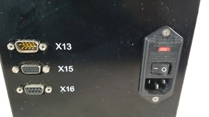 Rear panel of black thermo scientific microm hm 340e device featuring three labeled d-sub connectors and a power switch with red indicator light