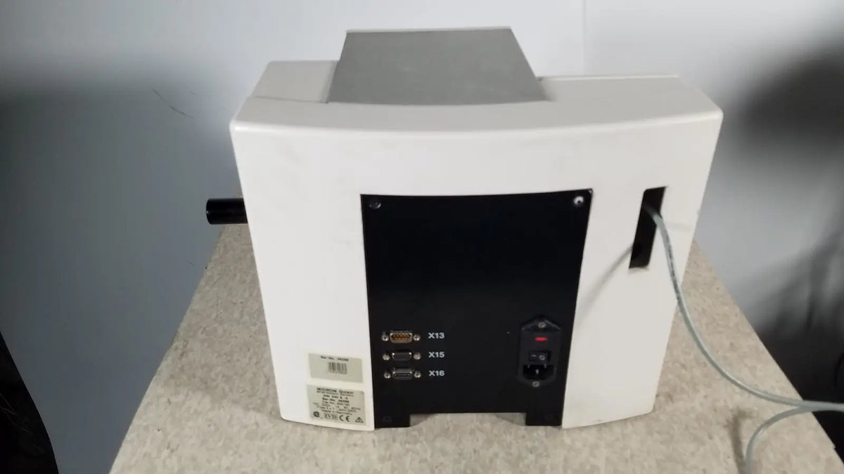 White desktop printer with black panel showing labeled ports and power switch back view of thermo scientific microm hm 340e