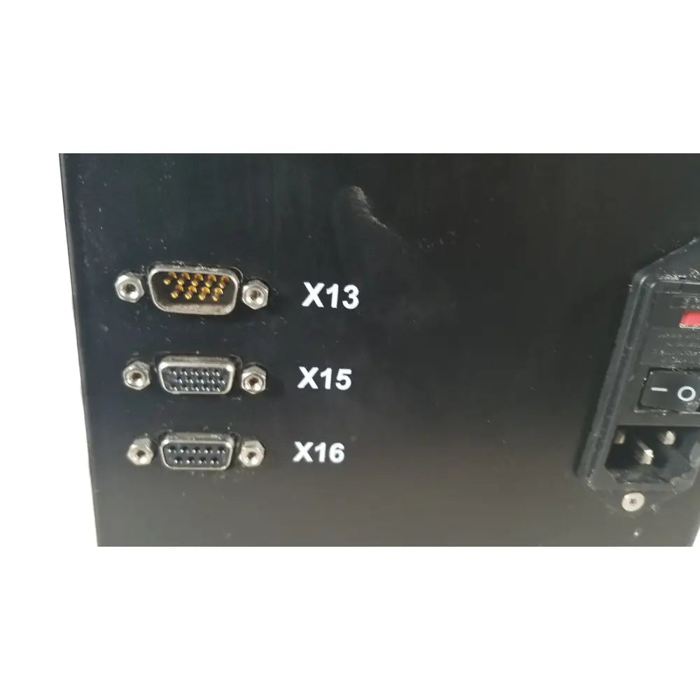 Black panel on the back side of thermo scientific microm hm 355 s rotary microtome featuring three labeled video ports x13 x15 x16