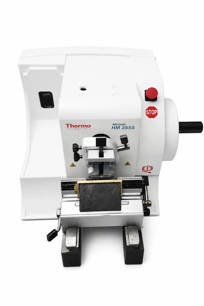 White thermo scientific microm hm 355s rotary microtome with black and metallic components for precision cutting