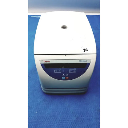 White thermo scientific sorvall legend micro 21 microcentrifuge with blue control panel and digital display