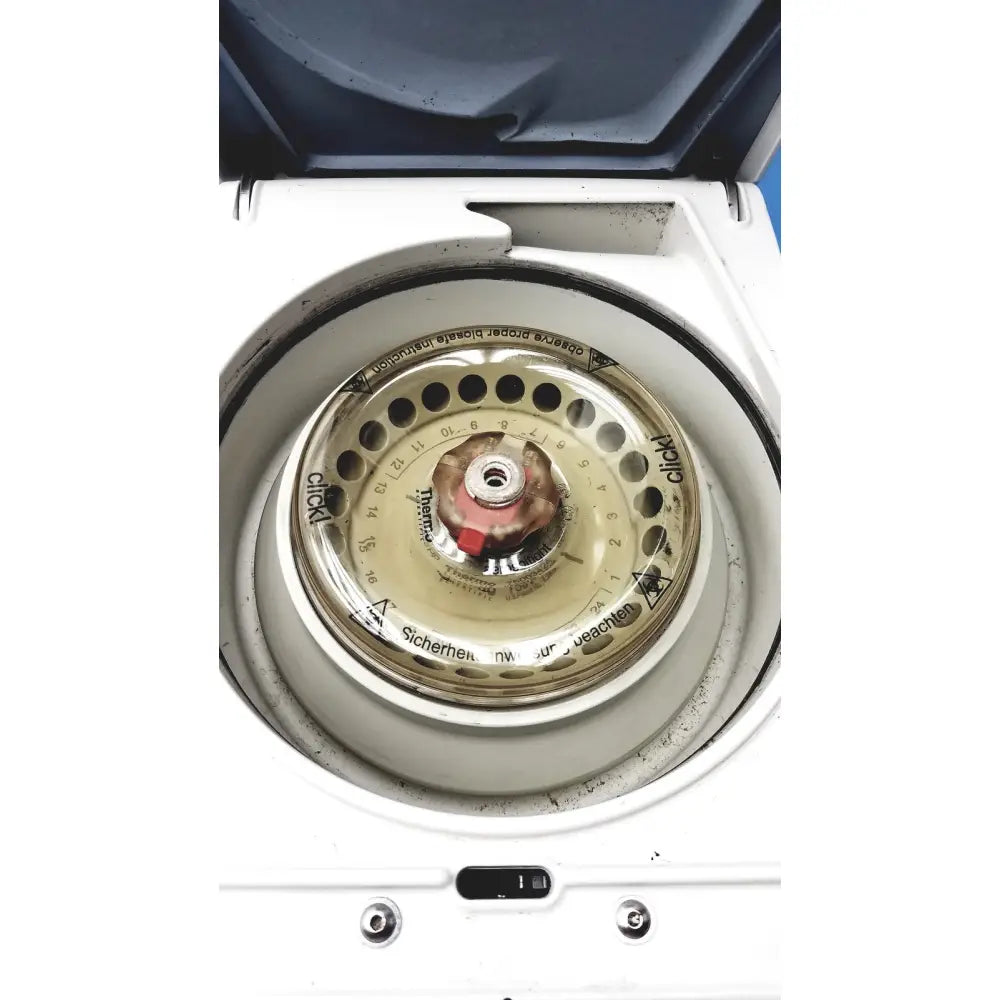 White thermo scientific sorvall legend micro 21 microcentrifuge with metallic rotor and red central knob for lab use