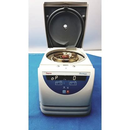 Thermo scientific sorvall legend micro 21 microcentrifuge with white and blue body, digital display, and gold rotor chamber open lid