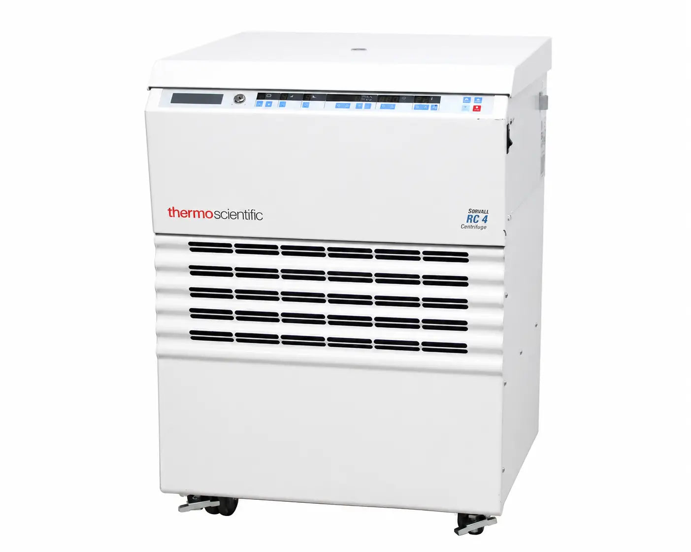 White thermo scientific sorvall rc-4 floor model centrifuge with digital control panel and black ventilation slats