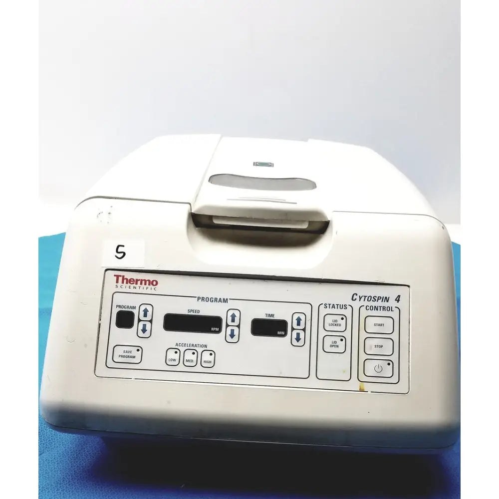 White thermo shandon cytospin 4 centrifuge with rotor and control panel featuring labeled buttons and digital displays
