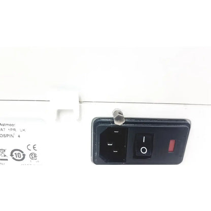 Black power input panel with toggle switch and red indicator light on back of thermo shandon cytospin control a78300101 centrifuge