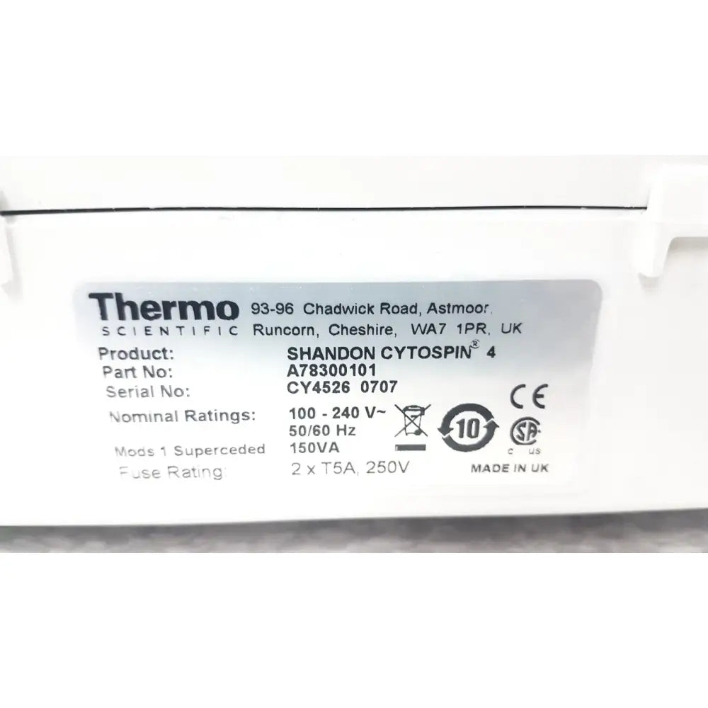 White plastic label with black text showing product information for thermo shandon cytospin 4 control a78300101 centrifuge