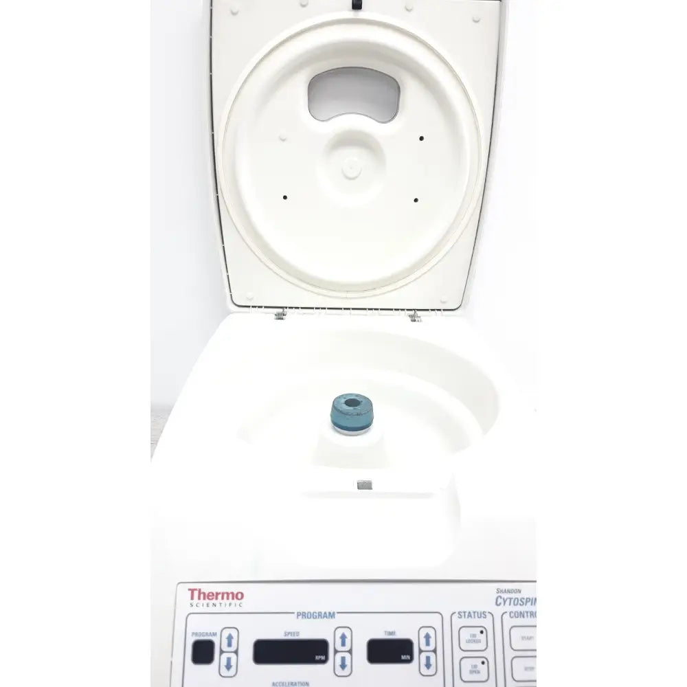 White thermo shandon cytospin 4 control a78300101 centrifuge with circular rotor and labeled control panel buttons