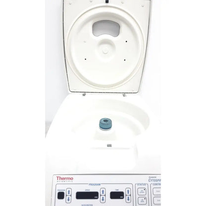 White thermo shandon cytospin 4 control a78300101 centrifuge with circular rotor and labeled control panel buttons