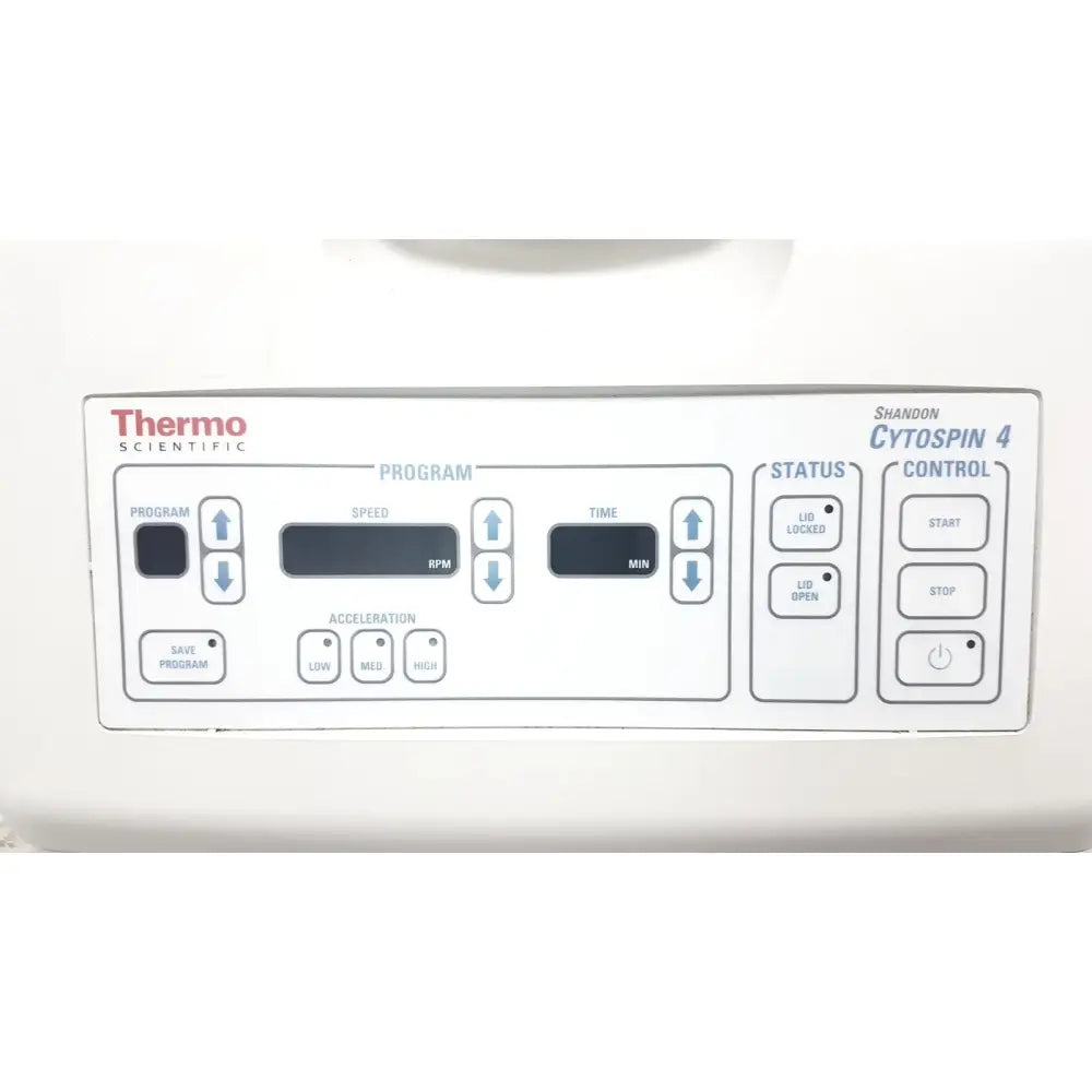 White control panel of thermo shandon cytospin 4 control a78300101 centrifuge with labeled buttons and digital displays