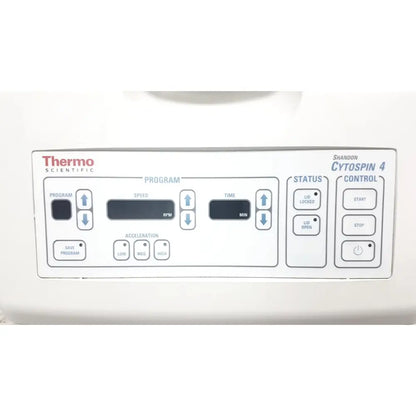 White control panel of thermo shandon cytospin 4 control a78300101 centrifuge with labeled buttons and digital displays