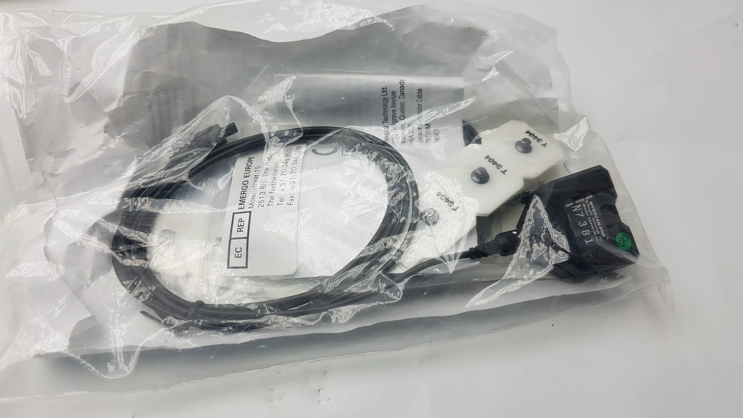 Black coiled cable with white connectors and black rectangular component with green labeling for thought technology physiological data acquisition