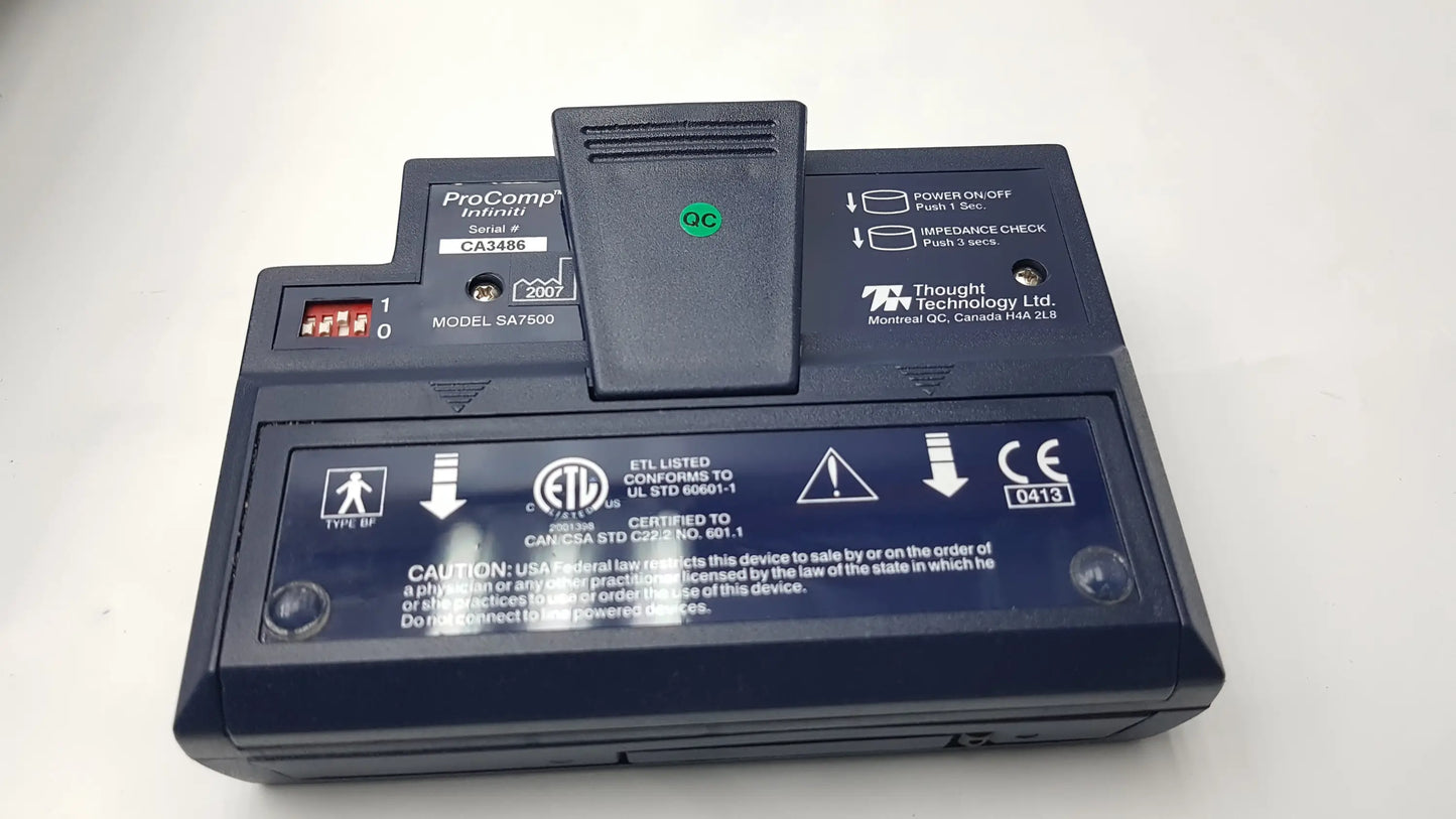 Black plastic thought technology procomp infinite model sa7608 device with green qc indicator light and labeled power buttons for physiological data acquisition