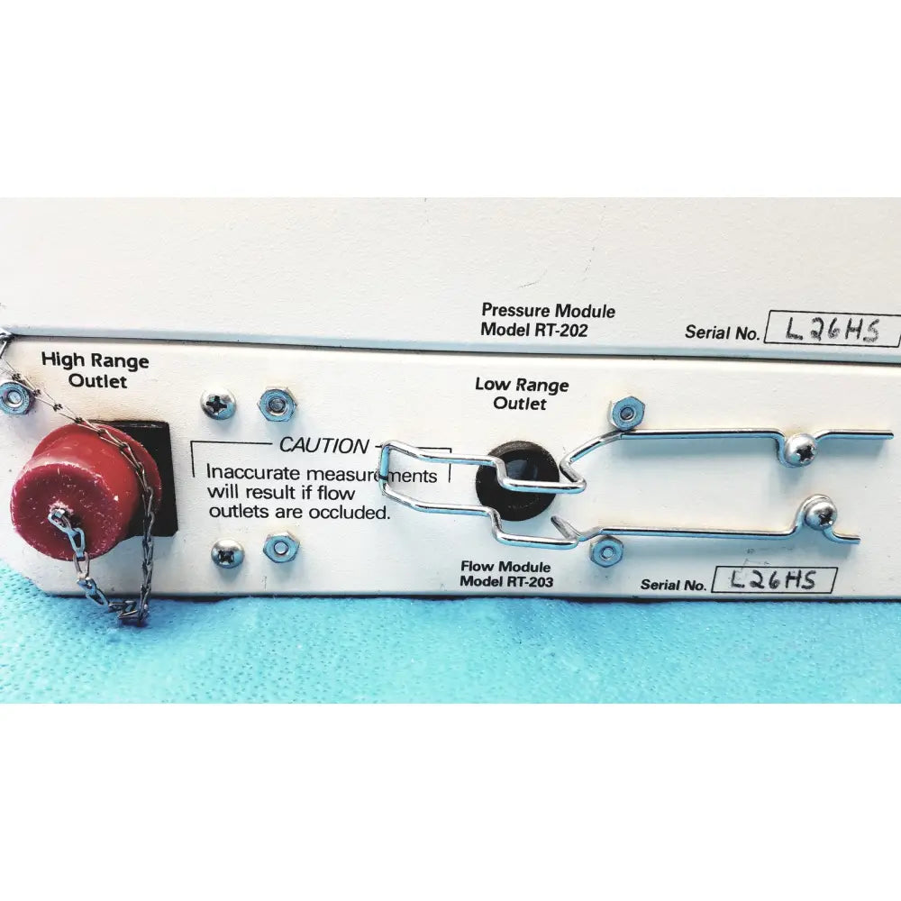 White industrial pressure and flow module with red high-range knob and silver fittings by timeter instrument corporation
