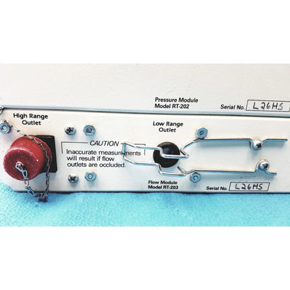 White industrial pressure and flow module with red high-range knob and silver fittings by timeter instrument corporation