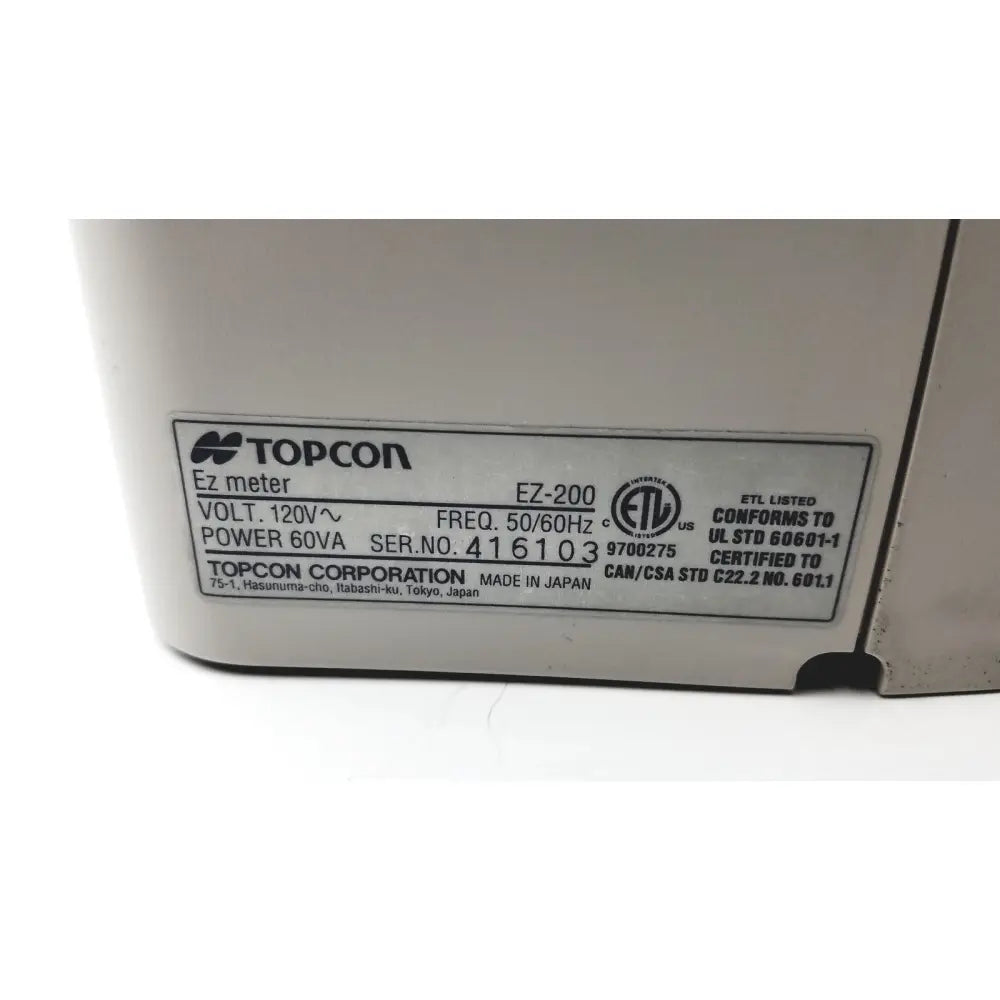 White topcon medical ez-200 advance automatic lensmeter with black labeling and certification marks for precise lens measurement