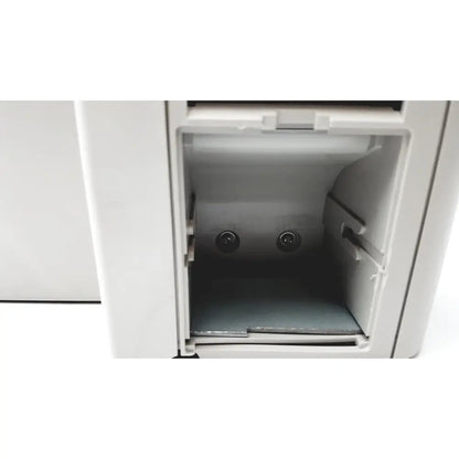 White plastic cash register receipt drawer with two circular slots and gray tray for topcon medical advance automatic lensmeter
