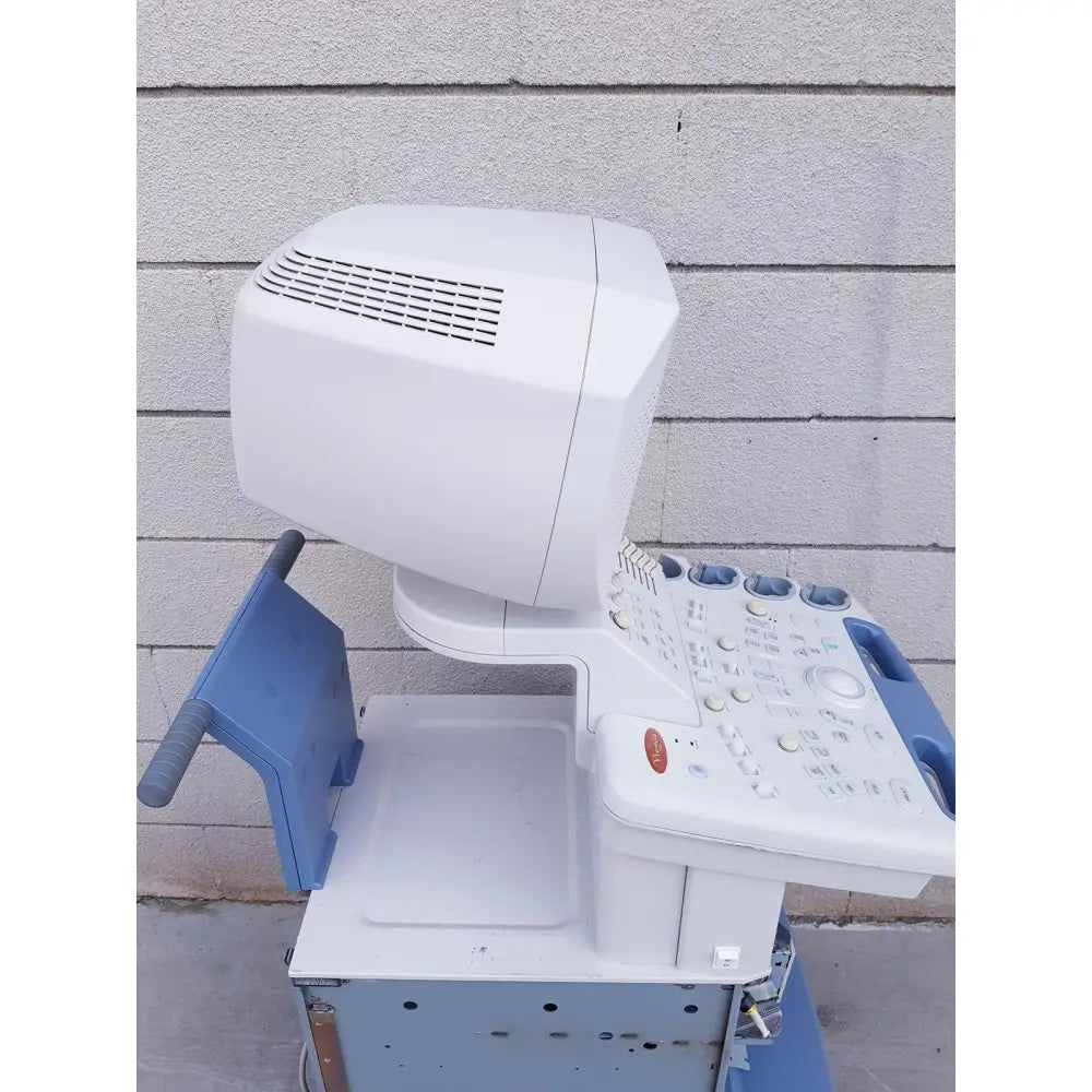 White toshiba nemio ultrasound machine with blue handles and control panel missing parts sold as is