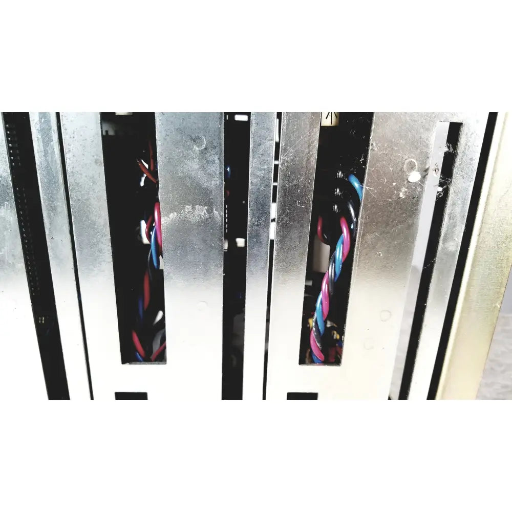 Silver metallic server rack with vertical slots and colorful twisted cables showing the back side of toshiba ra power rad92-1008 power supply