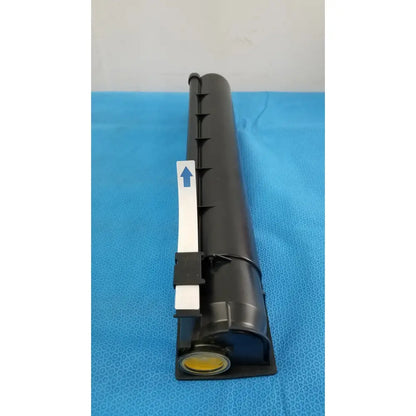 Black cylindrical genuine Toshiba toner cartridge T-FC28-Y with white label and yellow base component for printers
