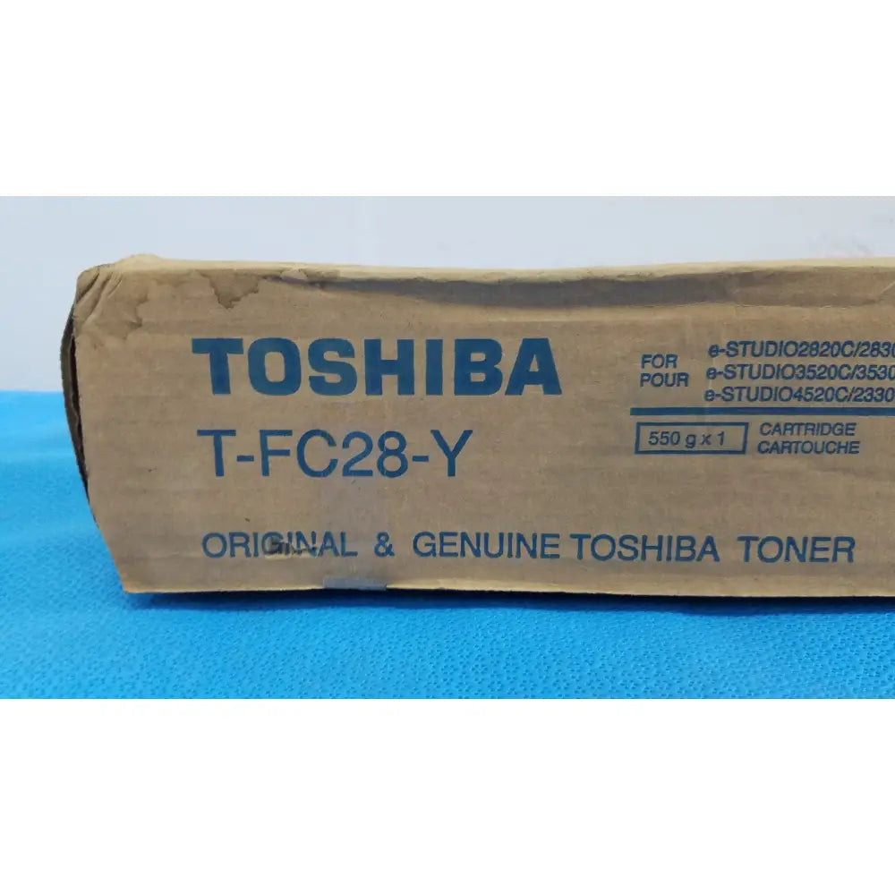 Toshiba t-fc28-y genuine toshiba yellow toner cartridge in original cardboard packaging for high-quality printing