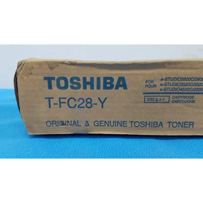Toshiba t-fc28-y genuine toshiba yellow toner cartridge in original cardboard packaging for high-quality printing