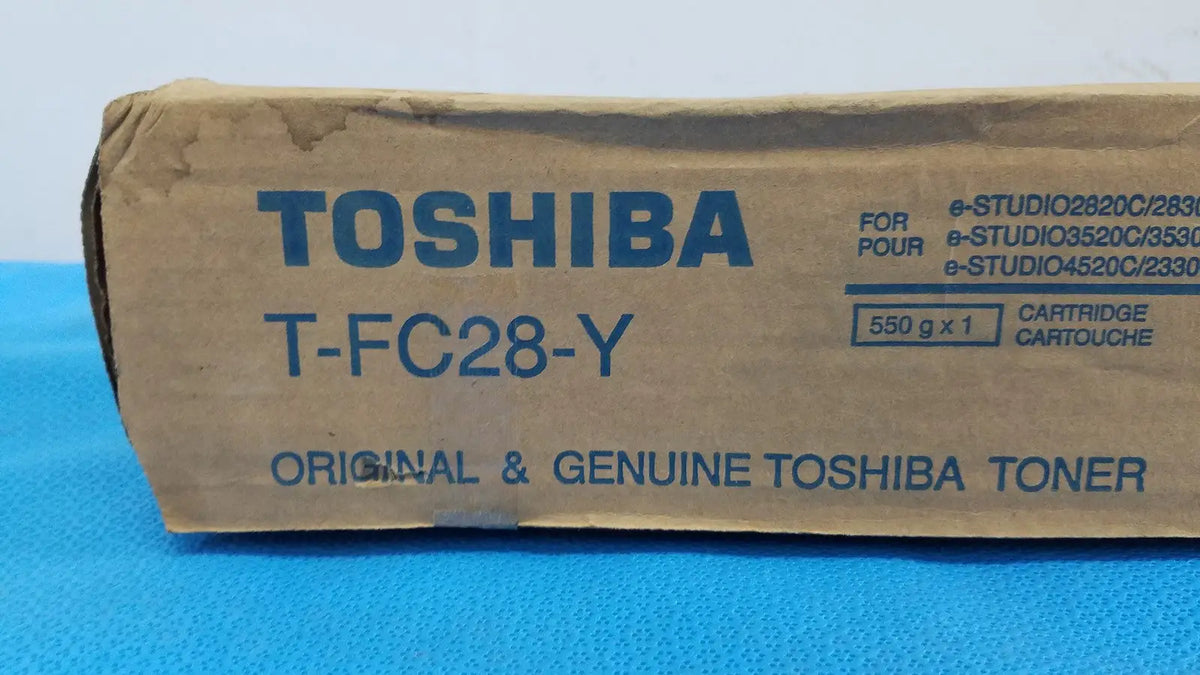 Toshiba t-fc28-y genuine toshiba yellow toner cartridge in original cardboard packaging for high-quality printing