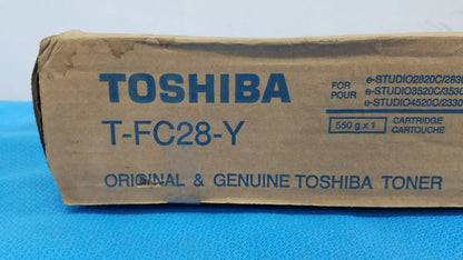 Toshiba t-fc28-y genuine toshiba yellow toner cartridge in original cardboard packaging for high-quality printing