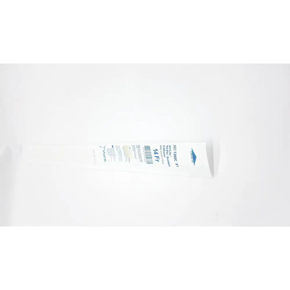 White plastic suction catheter tube labeled 14ft with blue black text control port ref t260c exp 2028 product information