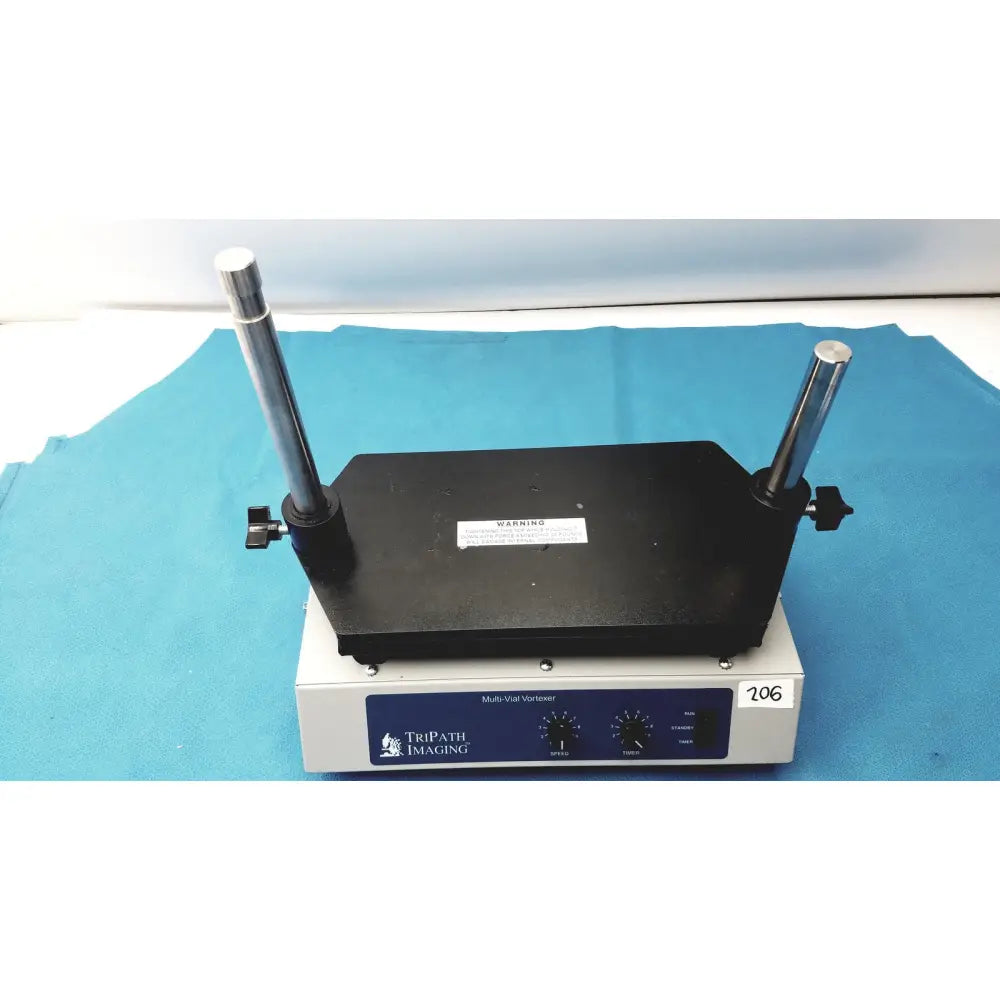Black rectangular vortexer 30cr000106 with chrome rods and blue control panel by tripath imaging multi-vial model