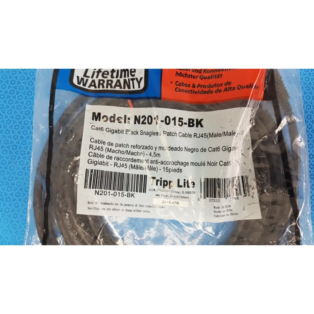 Black tripp lite 15ft cat6 patch cable with snagless molded rj45 male-to-male connectors model n201-015-bk