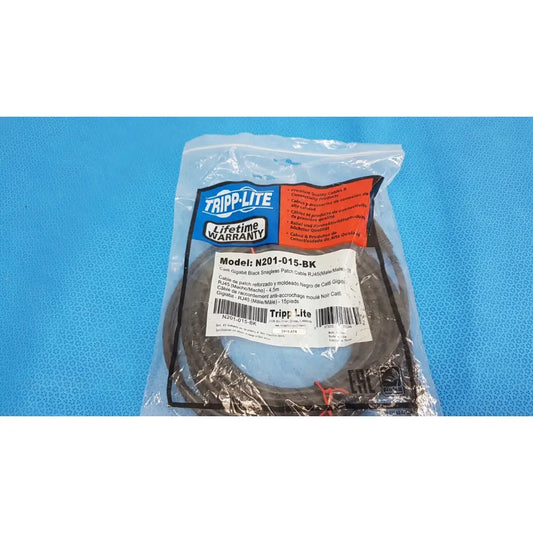 Black tripp lite 15ft cat6 gigabit patch cable coiled in clear plastic packaging with brand labeling