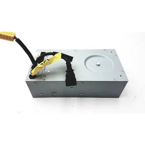 Silver metallic tripp lite hc150sl medical cart power supply with black and yellow cables attached