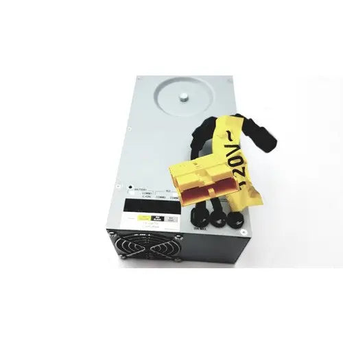 Silver metallic tripp lite hc150sl medical cart power supply with black fan grille and yellow 20v connector attached