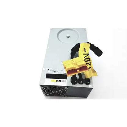 Silver metallic tripp lite hc150sl medical cart power supply with black fan grille and yellow 20v connector attached