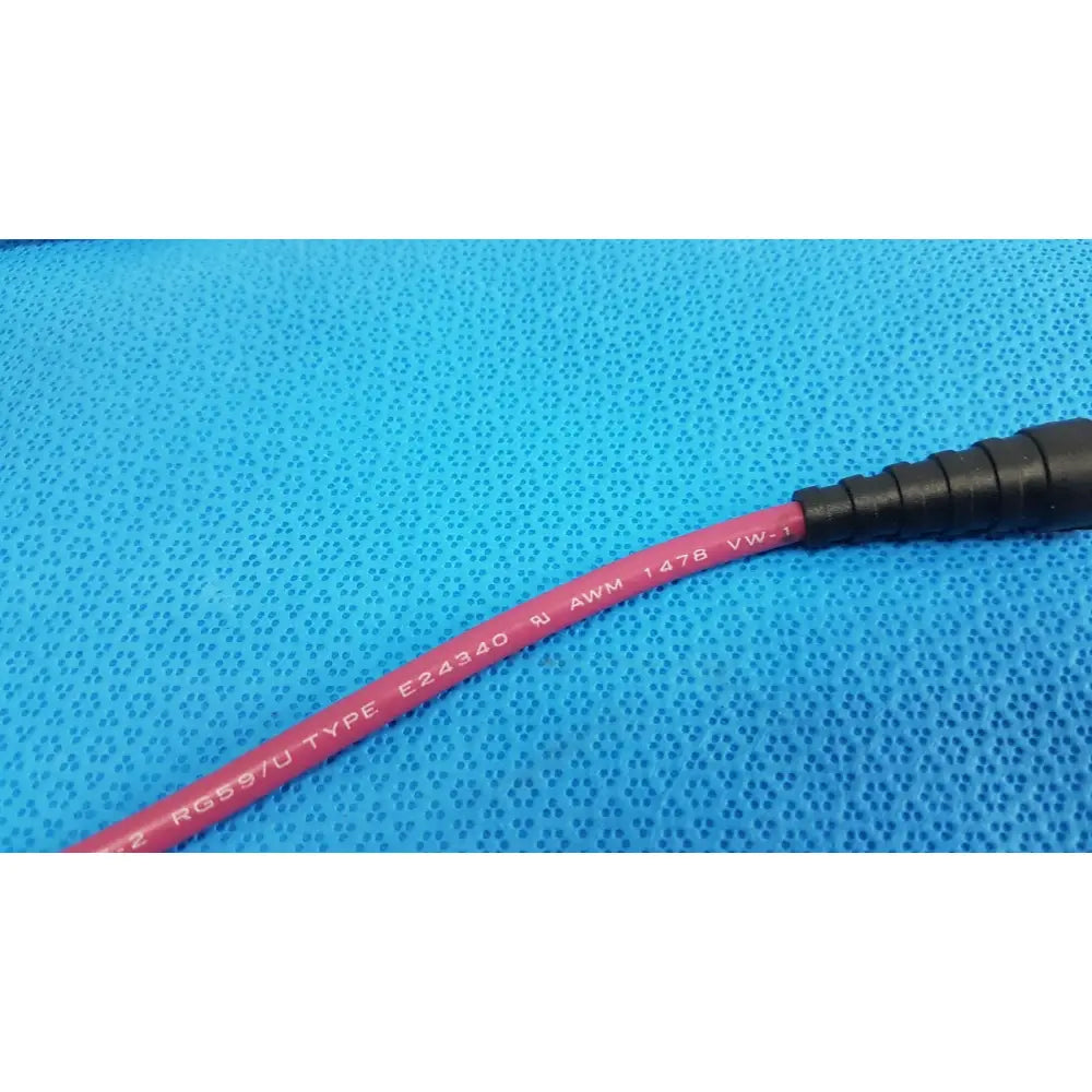 Pink video patch cord trompefter 14949-upcwx-24-75 rg58/u coaxial cable with black connector and white printed specifications