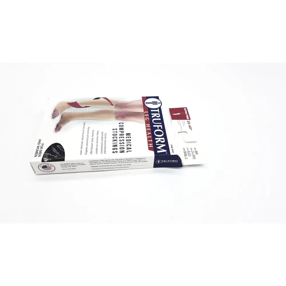 Truform leg health medical compression thigh high stockings black unisex 30-40 mmhg with white box and blue branding